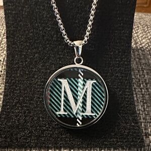 NWOT in box Rustic Cuff Silver and Blue Plaid 'M' Pendant Necklace